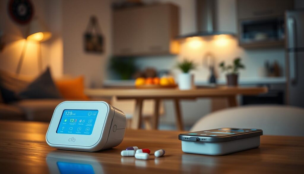 A modern, well-organized smart pill box sits prominently in the foreground, its sleek design featuring a digital screen displaying colorful medication reminders. Surrounding the box, a few scattered capsules and a smartphone displaying a notification alert, highlighting the innovative interaction between devices. In the middle ground, a blurred image of a cozy home setting emphasizes a sense of safety and comfort, with dim, warm lighting creating an inviting atmosphere. In the background, a stylish kitchen can be faintly seen, complete with plants and soft shadows, suggesting a balanced lifestyle. The overall mood should convey a sense of technology enhancing daily life, focusing on ease of use and health management. The image should be captured from a slight angle to provide depth, emphasizing the smart technology aspect without any text or distractions.