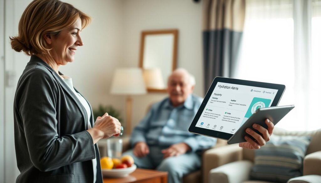 A serene and informative scene depicting an elderly care setting focused on hydration alerts. In the foreground, a caring caregiver in a smart casual outfit, perhaps with a gentle smile, is attentively holding a tablet displaying hydration notifications. The middle ground features a cozy room with an elderly person, comfortably seated, surrounded by elements that promote hydration—an elegant water bottle, a glass filled with water, and a bowl of fresh fruits. The background softly shows a window with natural light streaming in, casting a warm, inviting glow across the room. The atmosphere is calm and caring, emphasizing the importance of hydration for health. The image is captured with a soft focus, using natural lighting to enhance the emotional connection between caregivers and care recipients.