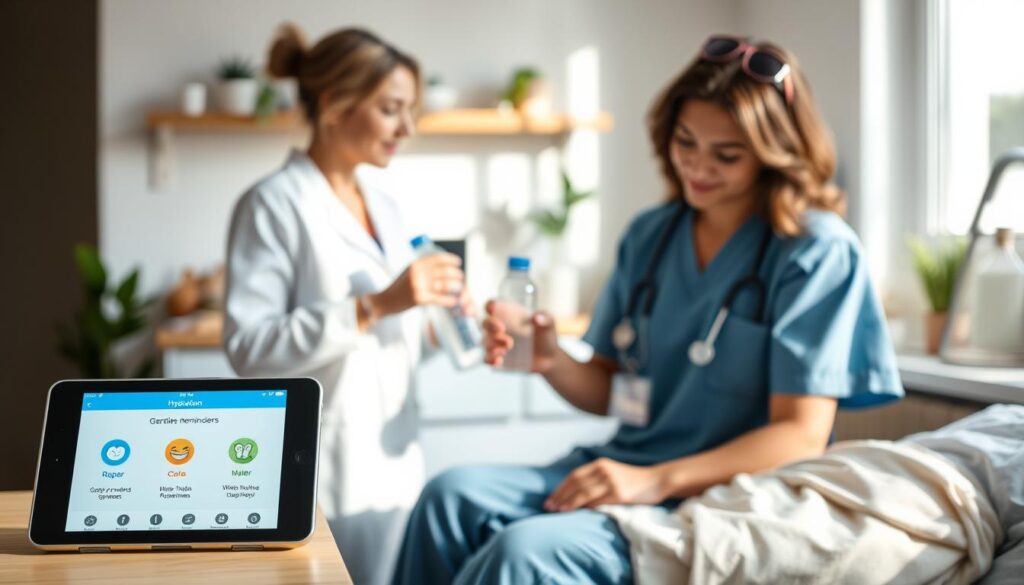 A serene and organized caregiving environment showcasing hydration reminders. In the foreground, a smart device displaying a colorful hydration app with cheerful graphics and gentle reminders, highlighting the importance of water intake. The middle features a caregiver, dressed in professional attire, attentively monitoring a patient. She holds a water bottle and appears to reset the hydration alert on the device. In the background, a well-lit kitchen with plants and wellness items creates a nurturing atmosphere. Soft, natural lighting enhances the warmth of the scene, casting gentle shadows. The overall mood is positive and supportive, emphasizing the proactive role of hydration in caregiving.