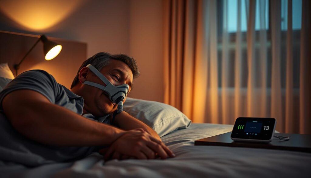 A serene bedroom scene at night, softly illuminated by a bedside lamp casting warm light, creating an intimate and calming atmosphere. In the foreground, a middle-aged man, wearing comfortable pajamas, lies on his side, a sleep apnea CPAP mask securely fitted to his face, showcasing a sense of tranquility. In the middle distance, a sleek nightstand displays a small sleep monitor device, with gentle pulsating lights indicating its operational status. The background reveals a cozy bedroom with soft, muted colors and light curtains fluttering slightly in the breeze from a nearby window. The overall mood is peaceful, reflecting the importance of technology in managing sleep disorders while emphasizing health and well-being.
