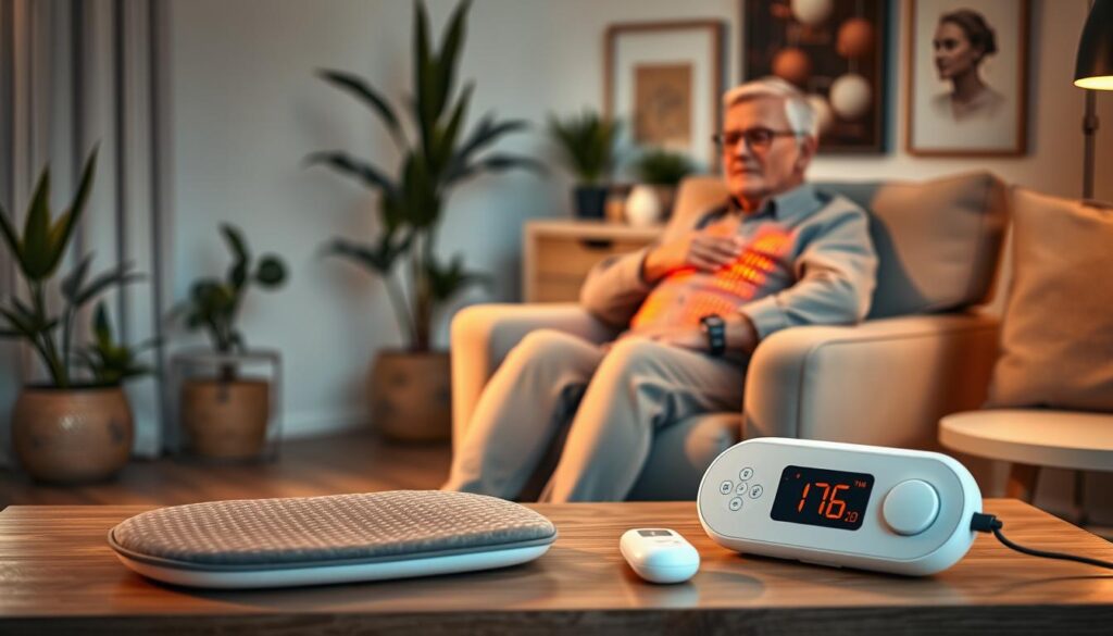 A serene home environment illustrating effective chronic pain management. In the foreground, a pair of modern smart heating pads and a TENS unit elegantly displayed on a cozy living room table, showcasing their sleek design. In the middle, a comfortable armchair occupied by a middle-aged person dressed in modest casual clothing, gently resting with a heating pad on their back, exhibiting a relaxed expression. Soft, warm lighting casts a soothing glow, enhancing the atmosphere of comfort and relief. In the background, a stylish home setting with plants and calming artwork, creating a peaceful ambiance. The overall mood is one of tranquility and support, highlighting self-care through technology for chronic pain alleviation.