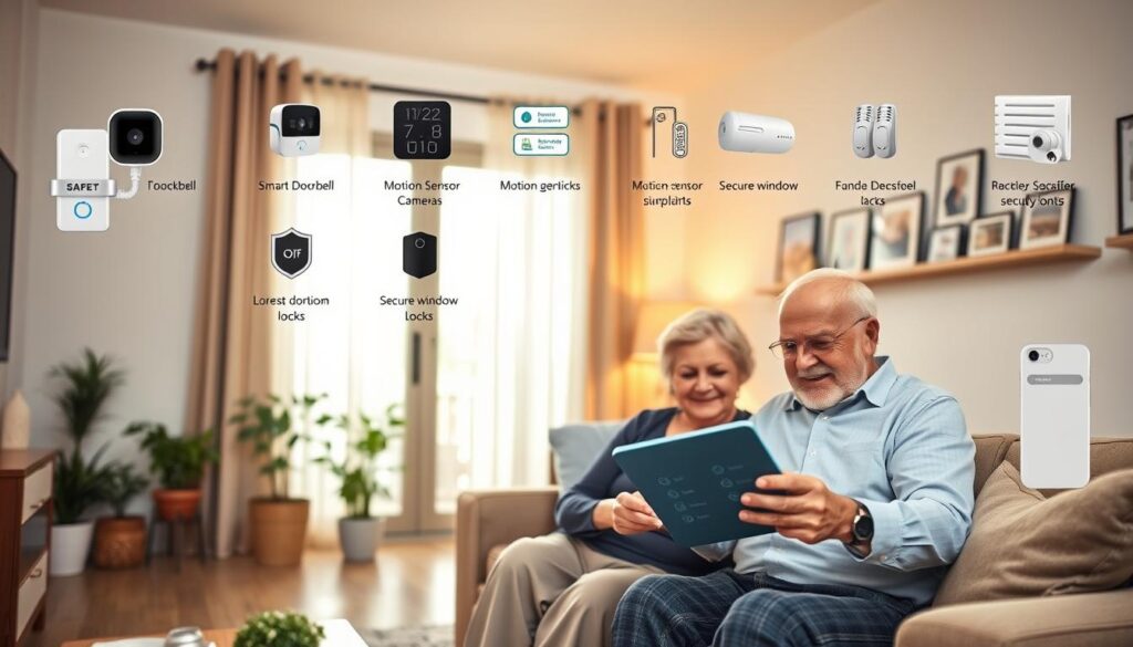 A serene, well-lit living room designed for seniors, featuring a blend of modern safety solutions. In the foreground, a friendly elderly couple in modest casual clothing sits comfortably on a sofa, reviewing a digital safety checklist on a tablet. The middle layer showcases various home security features: a smart doorbell camera, motion sensor lights, and secure window locks. The background reveals a cozy, inviting space with potted plants and family photos, illuminated by warm, natural light streaming through sheer curtains. The atmosphere conveys a sense of safety and comfort, highlighting the importance of home security for seniors. The image should be captured from a slightly elevated angle to provide a comprehensive view of the room’s layout and security elements.