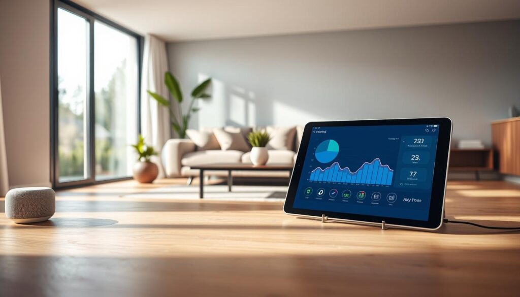 A sleek, modern living room showcasing advanced mood tracking technology. In the foreground, a stylish tablet displays color-coded mood indicators, such as graphs and playful icons representing various emotions. Surrounding the tablet are subtle smart home devices like a voice assistant and ambient lighting that subtly shifts colors to reflect different moods. In the middle space, a comfortable couch is arranged with neatly placed cushions, along with a potted plant adding a touch of greenery. The background features large windows allowing soft, natural daylight to illuminate the room, creating a calm and inviting atmosphere. Use a warm color palette with soothing blues and soft grays, emphasizing a sense of tranquility and mindfulness. The image should have a slightly elevated angle to capture the overall scene while focusing on the technological elements of mood tracking.