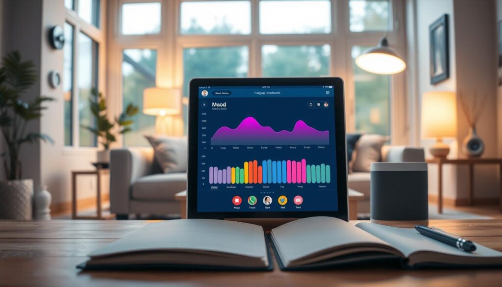 A sleek, modern mood tracker app interface displayed on a tablet, set against a cozy, inviting home environment. In the foreground, the tablet shows vibrant mood graphs with various colors representing different emotions. The middle ground features a stylish living room with soft lighting, a comfortable sofa, and smart home devices like a thermostat and smart speaker subtly integrated into the space. In the background, large windows allow natural light to flood in, illuminating the scene with a warm glow, enhancing the tranquil atmosphere. An open notebook lies next to the tablet, suggesting an intentional, reflective engagement with mood tracking. The overall mood is calming and inspiring, projecting a sense of well-being.