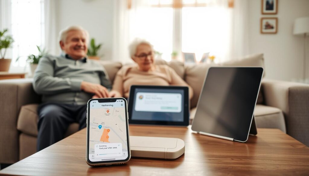 A warm, inviting living room scene designed for seniors, featuring a senior couple sitting together on a comfortable couch, both dressed in modest casual clothing. In the foreground, a modern smartphone rests on a coffee table, displaying a clear geofencing interface with a map and safe zones highlighted in a friendly color palette. In the middle, a digital tablet showing a notification alert related to geofencing appears nearby, emphasizing connection and safety. The background is softly lit through a window, radiating a cozy atmosphere with plants and family photos. Soft shadows enhance the comfort of the scene, invoking a sense of security and peace. The overall mood portrays technology as a supportive tool for seniors in a comforting environment.