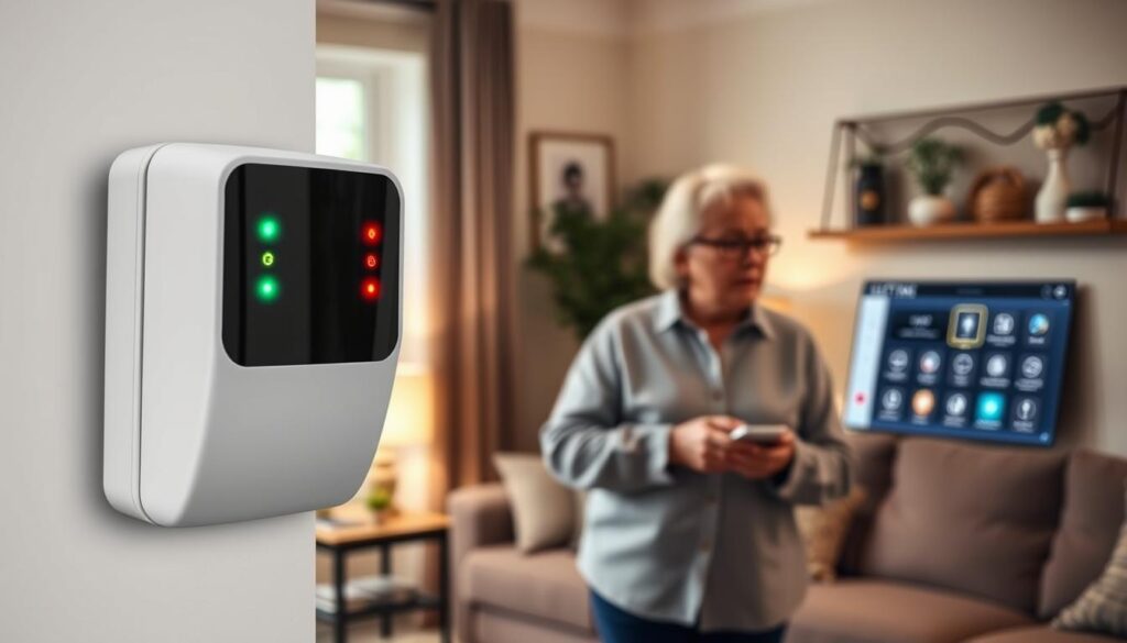 A well-designed smart home security system with visible sirens strategically placed in a cozy living room setting. In the foreground, focus on a modern, sleek siren mounted on the wall, featuring vibrant indicators. In the middle ground, show a senior couple wearing modest casual clothing, engaged in conversation, emphasizing their comfort and security. In the background, depict a smart home interface on a tablet or wall-mounted screen, displaying alert statuses and settings. Use soft, warm lighting to create an inviting atmosphere, with natural light filtering through windows. The angle should capture a sense of safety and reassurance, highlighting the benefits of smart home technology for enhancing security for seniors with hearing loss.